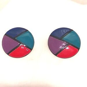Earrings 80s to 90s Vintage Enamel 3D Round Colorful Shiny Retro 1.5"